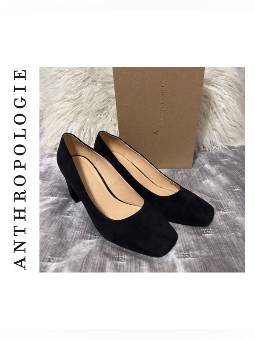 Anthropologie “Tammy” Black Suede Square-Toe Block Heels